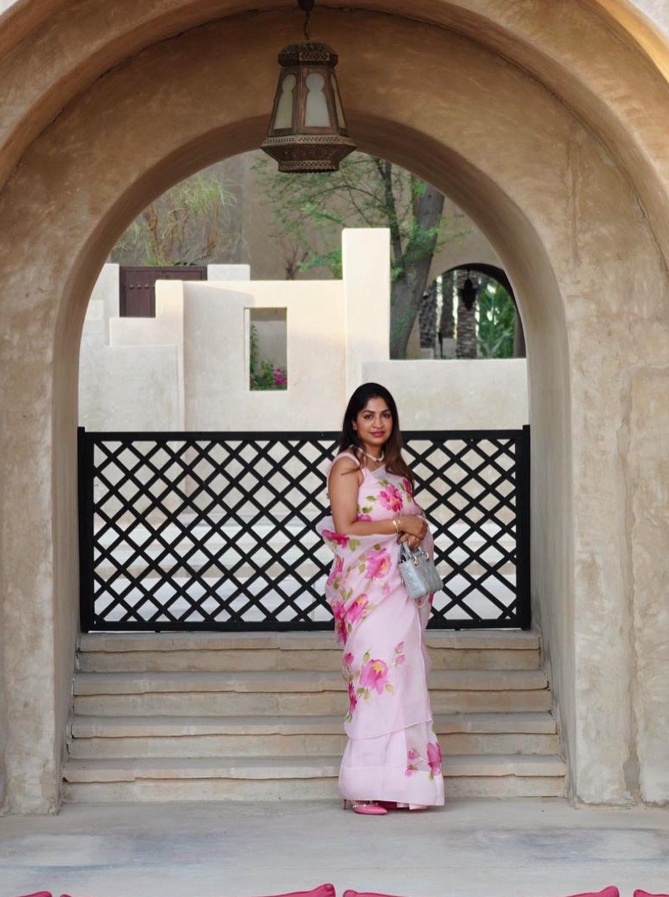 Pink Peonies on Baby Pink Organza Saree
