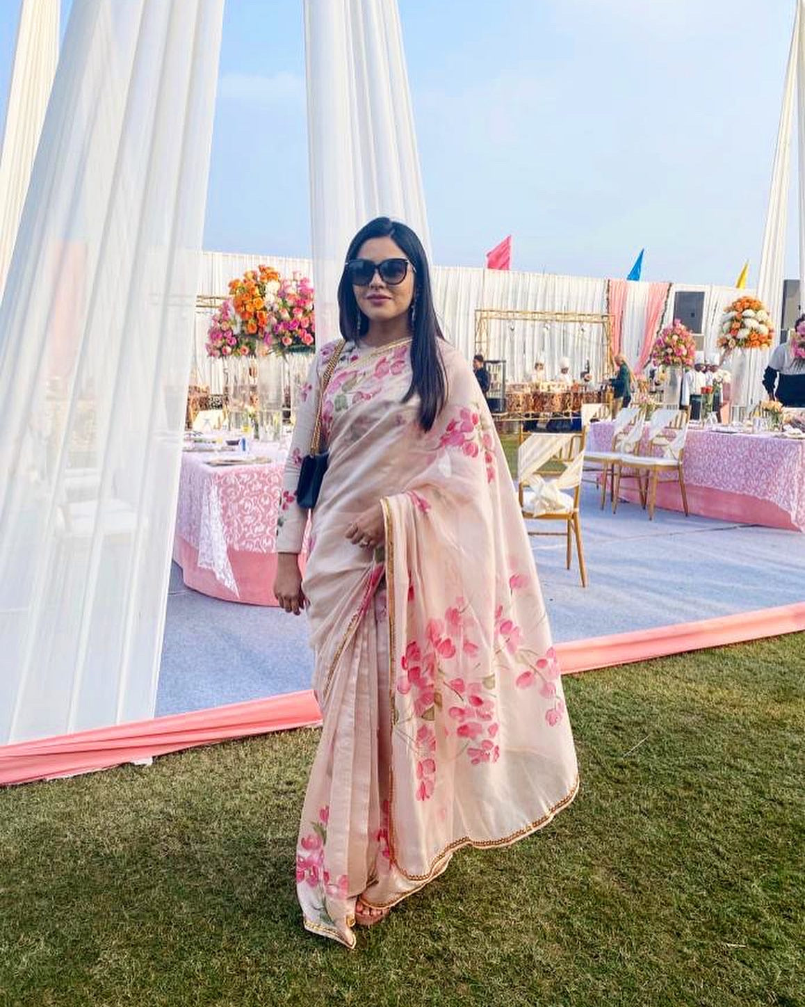 Bouganville’s on Dull rose on Silk Saree with border
