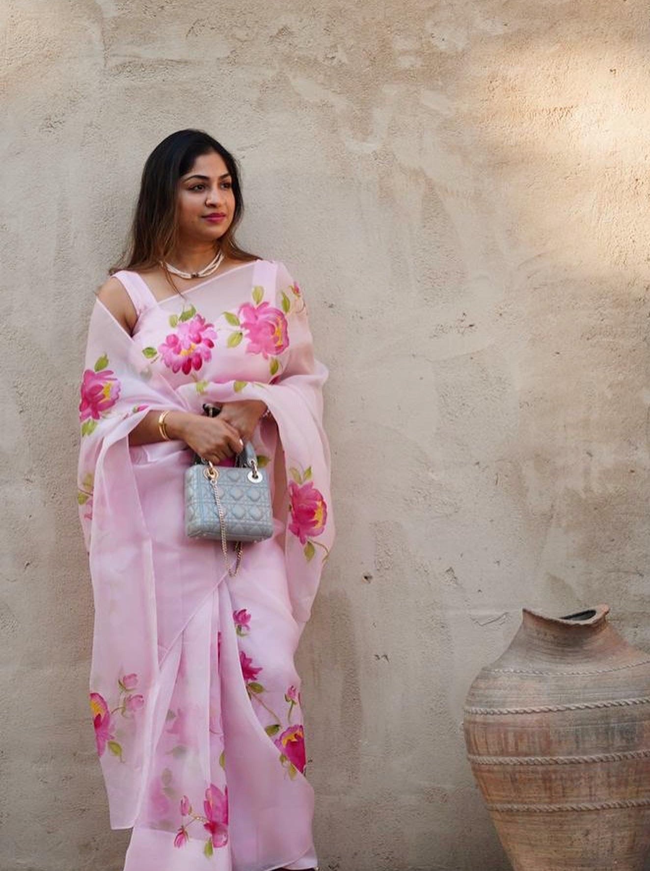 Pink Peonies on Baby Pink Organza Saree