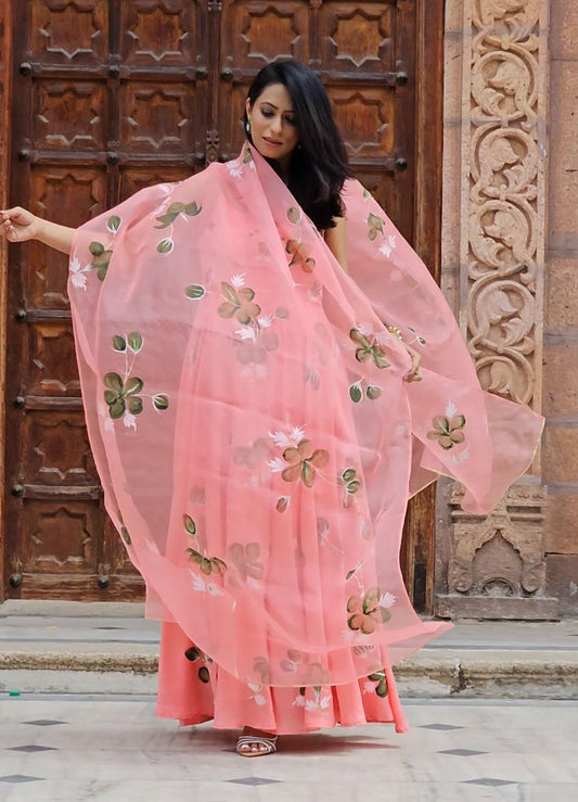 Olive hibiscus on Gajri flaired kurta
