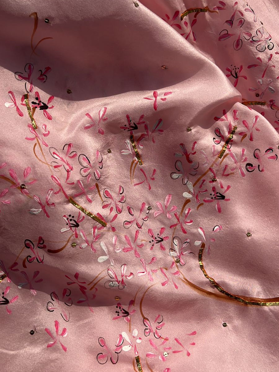 Cherry Blossoms on Baby Pink Silk Saree with Sequins