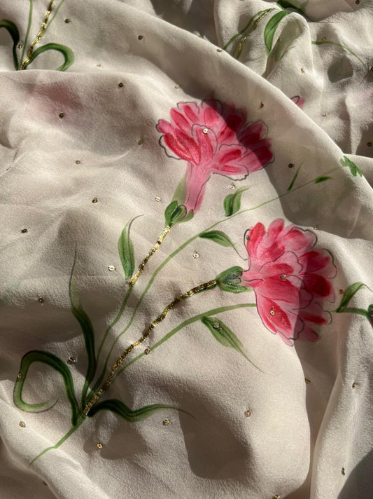 Carnations with Sequins on Flat Chiffon Saree