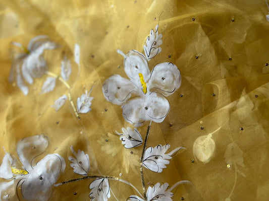 Hibiscus on Haldi Yellow Organza Saree with Sequin & gota border