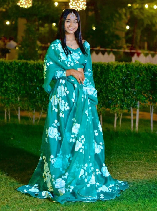 White Roses on Emerald Green Lehenga