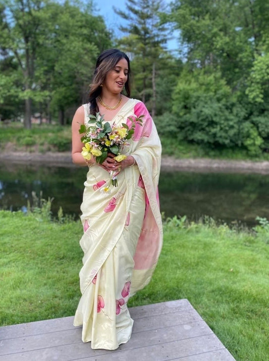 Pink Anthurium on Lemon Silk Saree