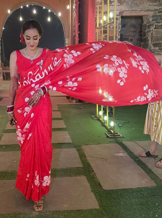 Hibiscus On Red Silk Saree with Custom Name