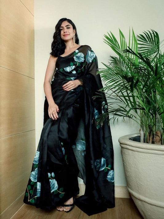 White Roses On Black Organza Saree