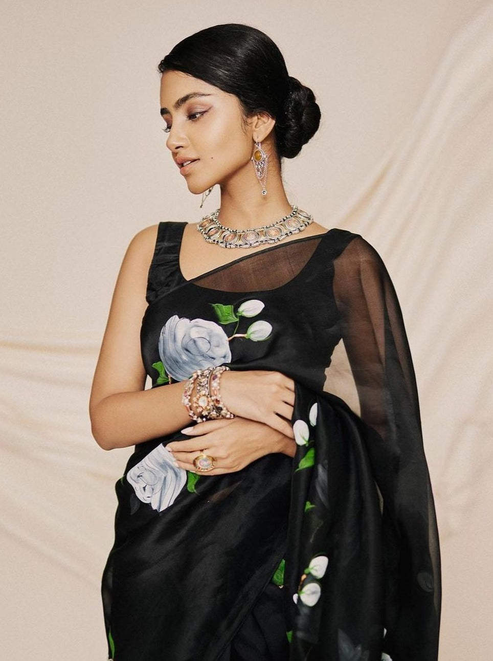 White Roses On Black Organza Saree