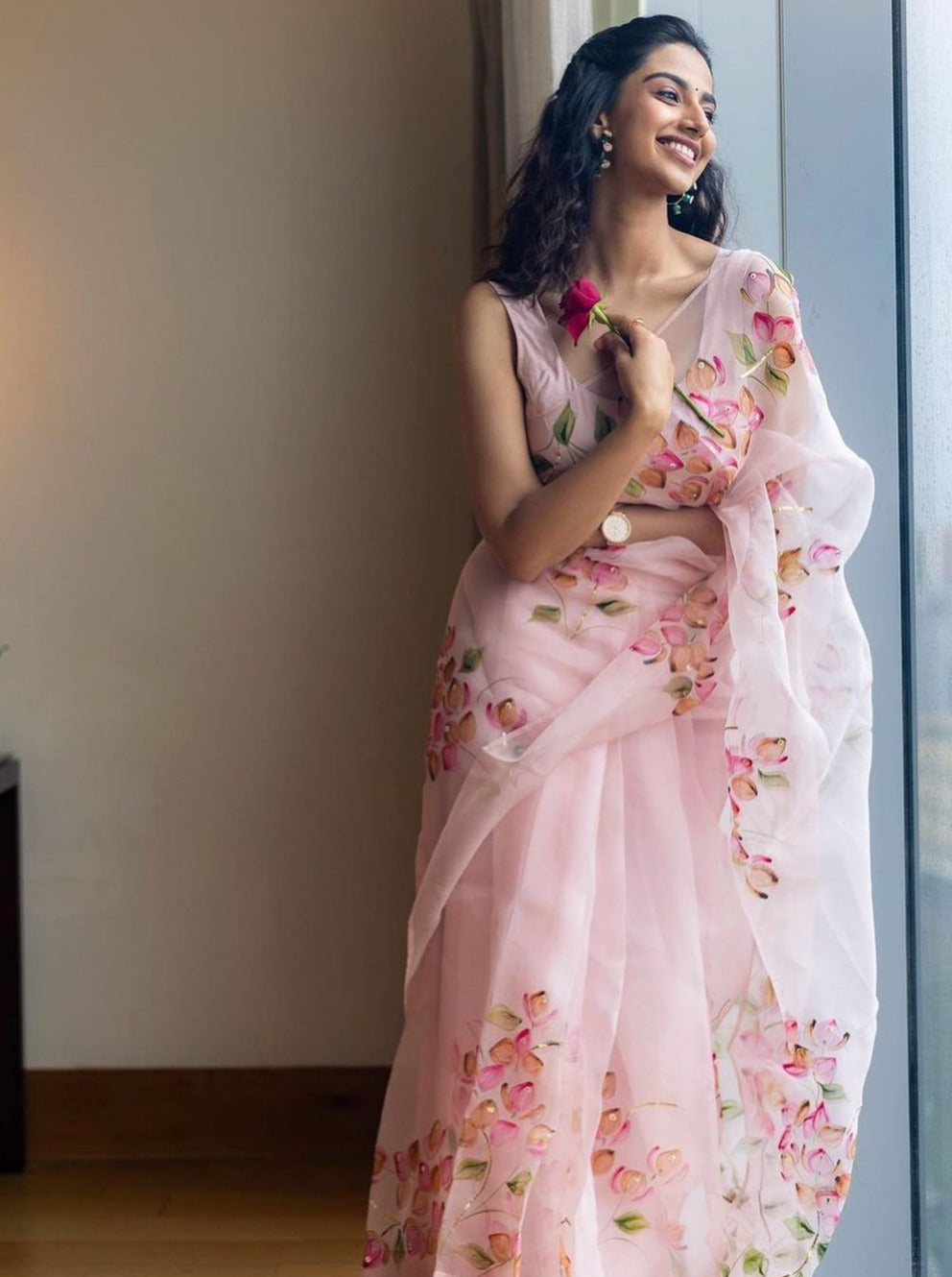 Shaded Bougainville’s on Dull Rose Organza Saree