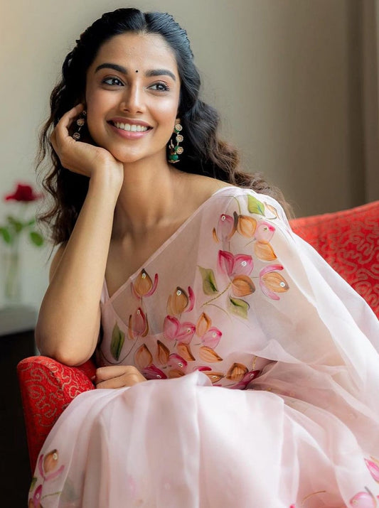 Shaded Bougainville’s on Dull Rose Organza Saree