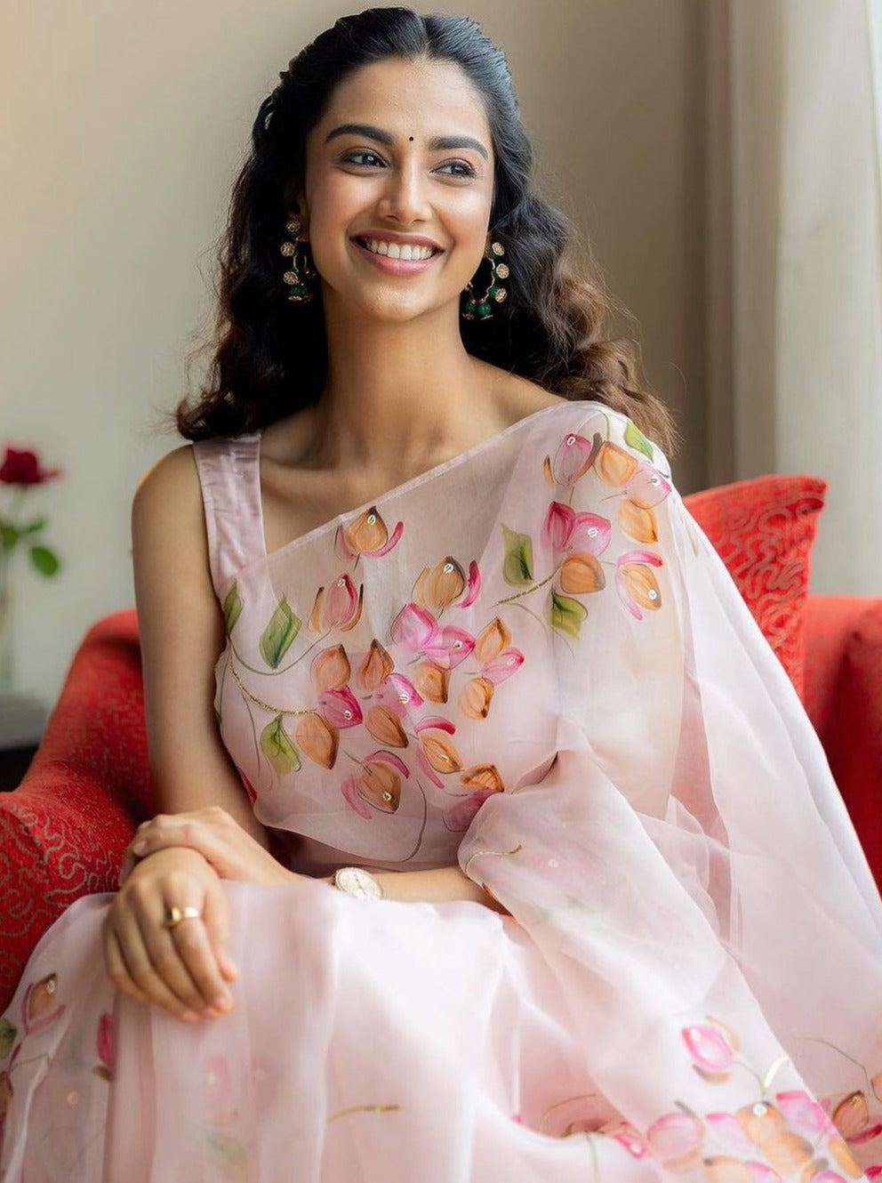 Shaded Bougainville’s on Dull Rose Organza Saree