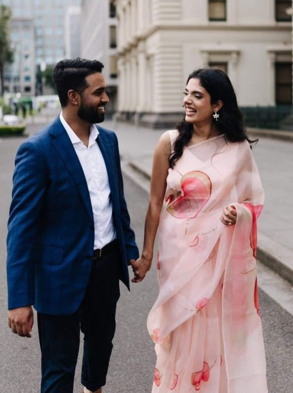 Shaded Flamingo Flower Organza Saree