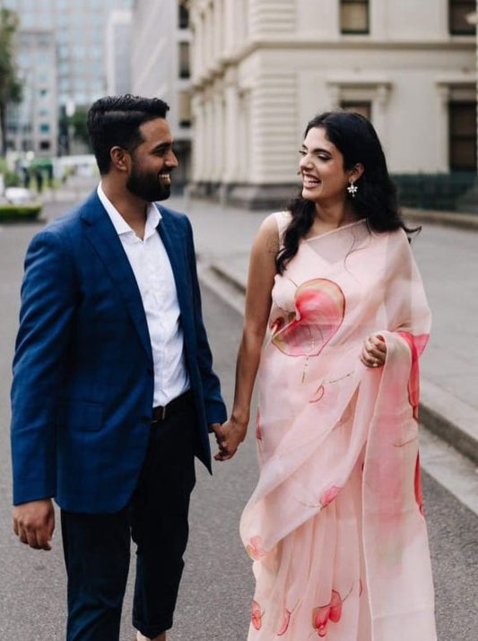 Shaded Flamingo Flower Organza Saree