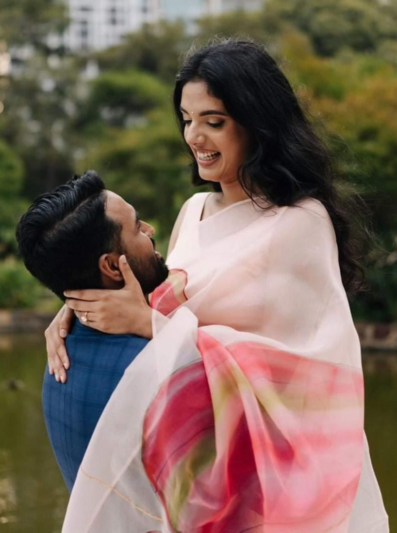 Shaded Flamingo Flower Organza Saree