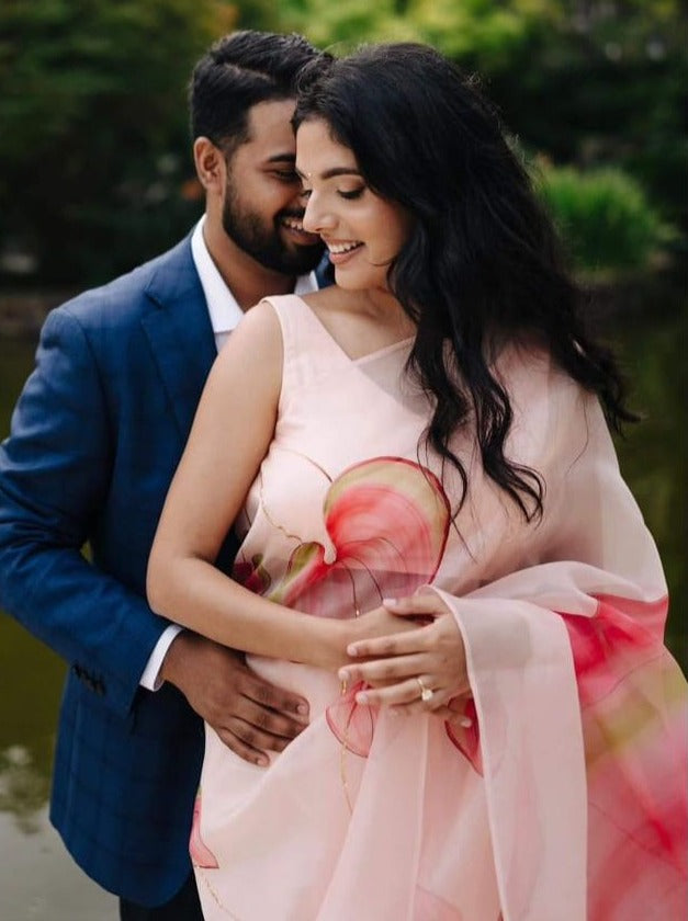 Shaded Flamingo Flower Organza Saree