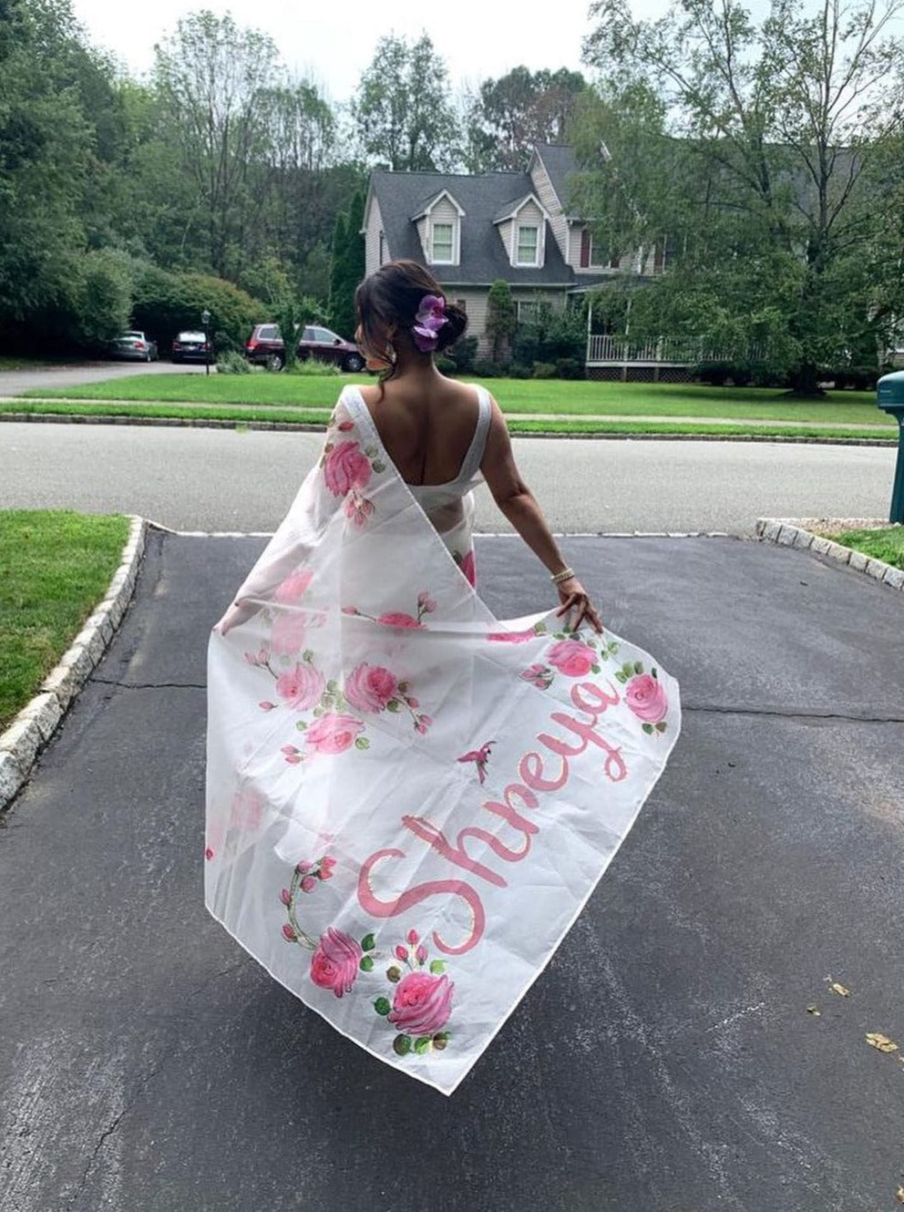 Custom Name on White Rose Organza Saree