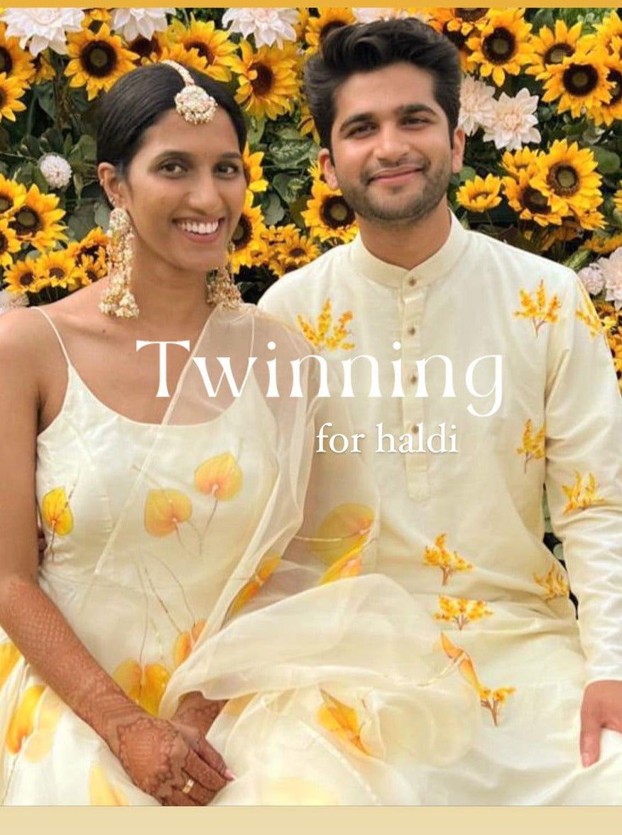 Yellow Anthuriums on Ivory Flaired Silk Kurta