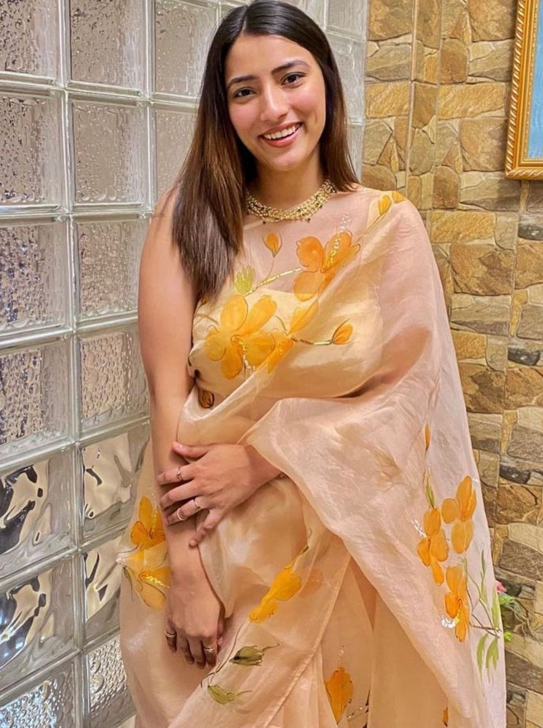 Saffron Hibiscus on Dull Rose Organza Saree