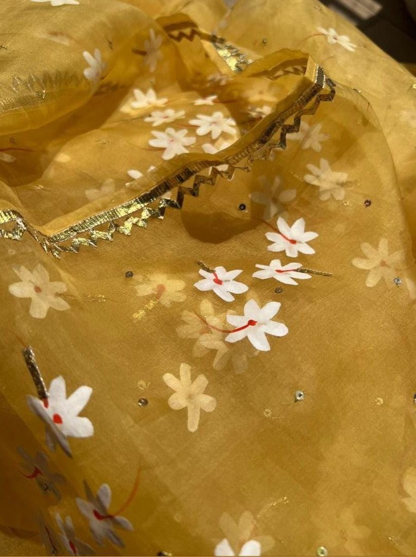 Parijat flowers on Haldi Yellow Organza Saree with border