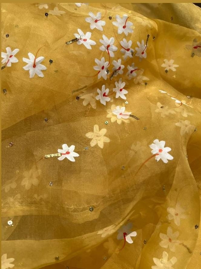 Parijat flowers on Haldi Yellow Organza Saree with border