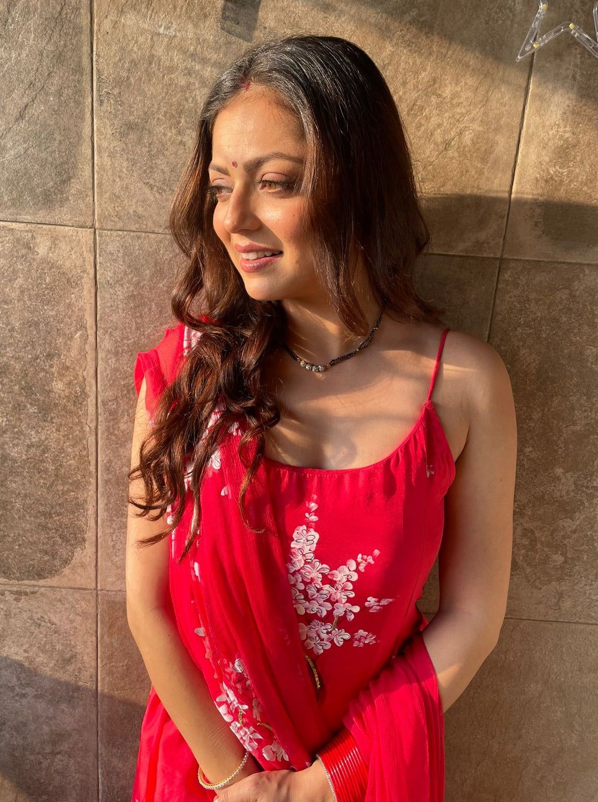 Cherry Blossoms on Red Silk Kurta