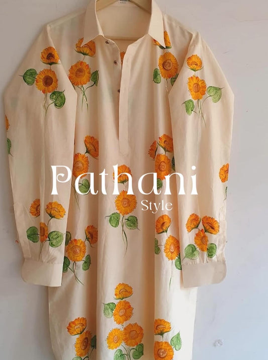 Sunflowers on Ivory Pathani Style Men's Kurta