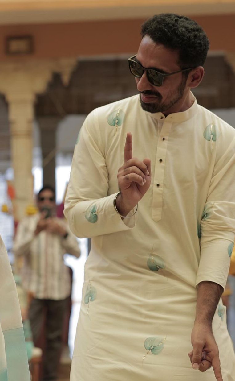 Blue Flamingo Flowers on Ivory Mens Kurta