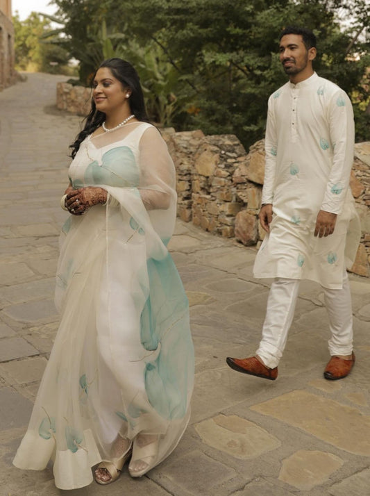 Blue Flamingo Flowers On Ivory Organza Saree