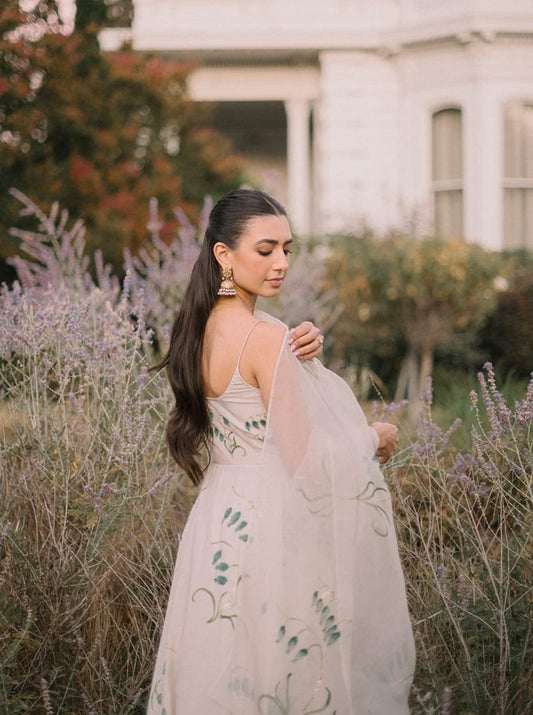 Persian Lilies on Flaired Kurta with organza dupatta