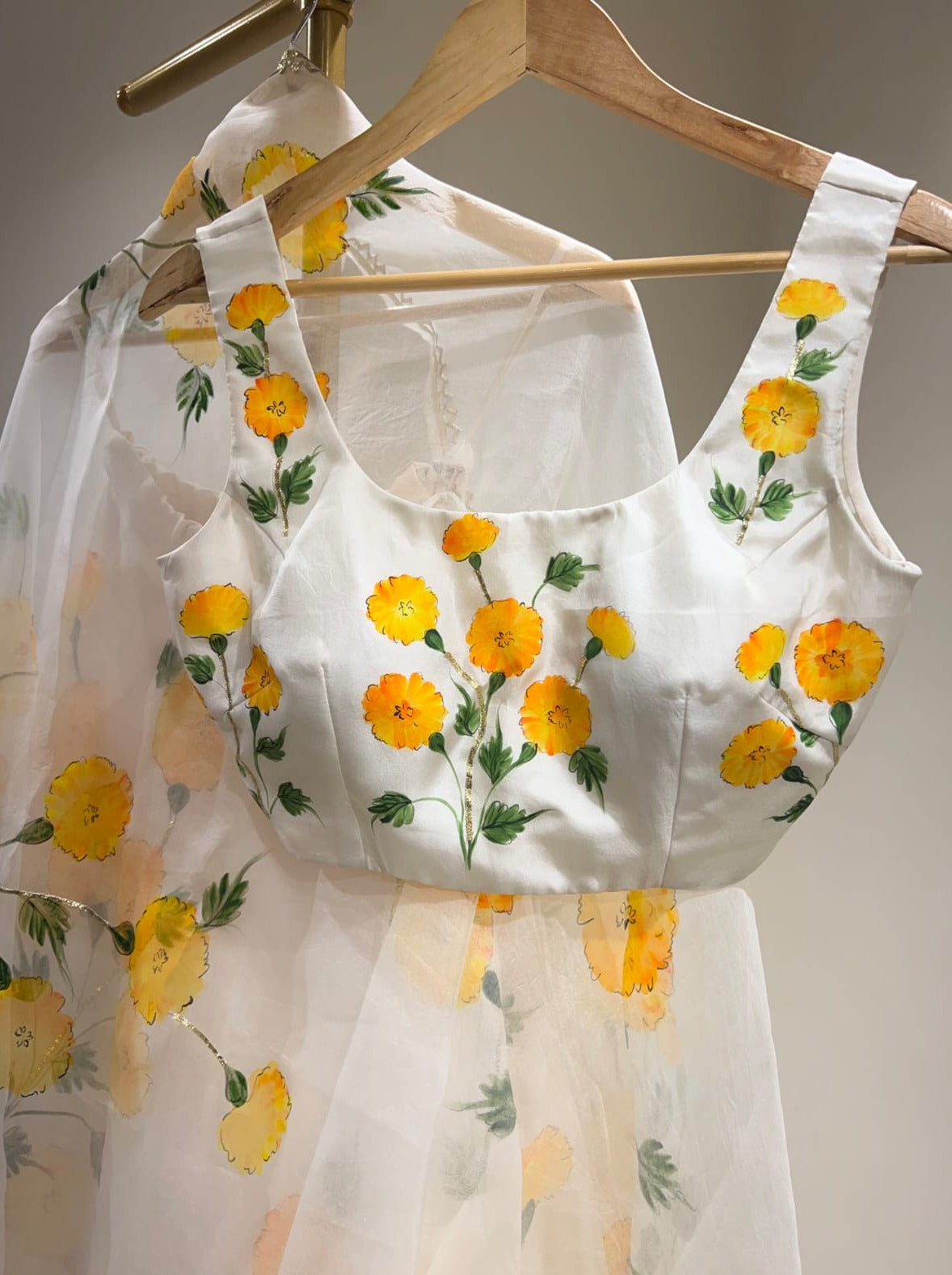 Marigolds on Ivory Organza Lehenga