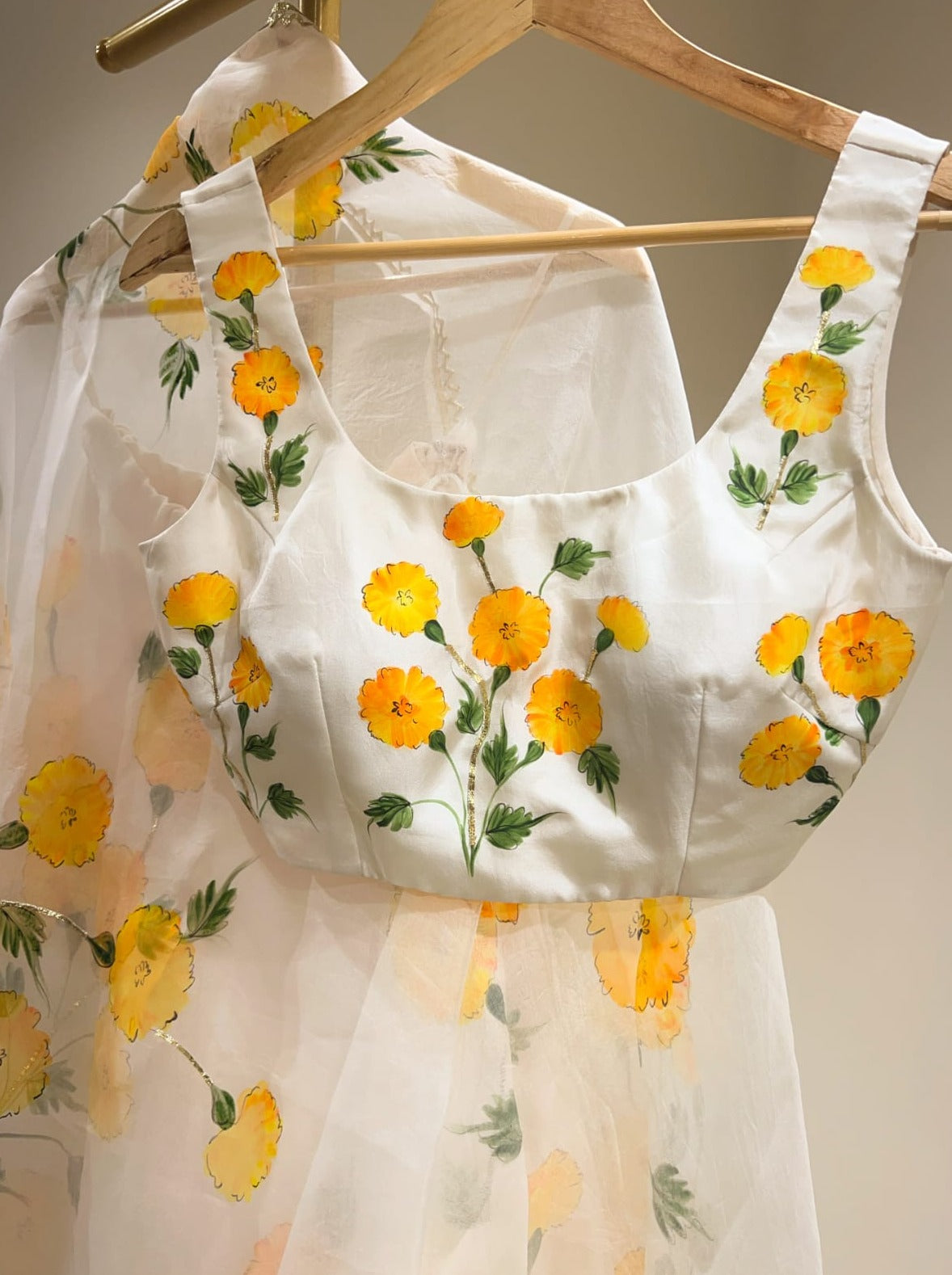 Marigolds on Ivory Organza Lehenga