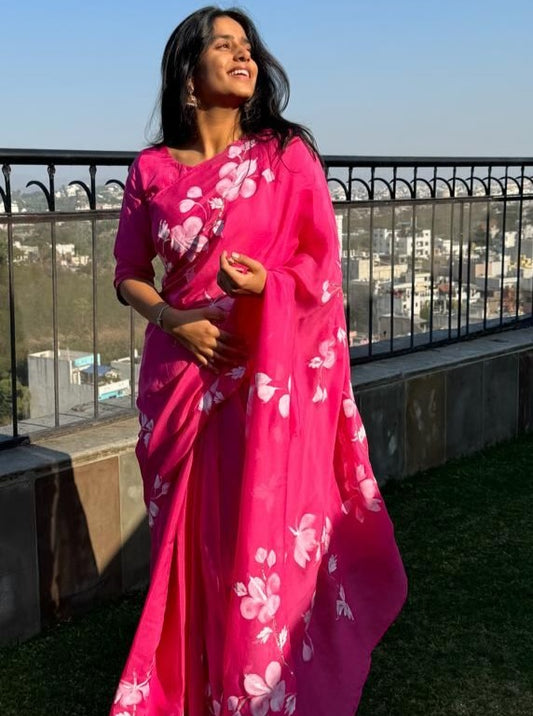 Raspberry saree on Flat Chiffon