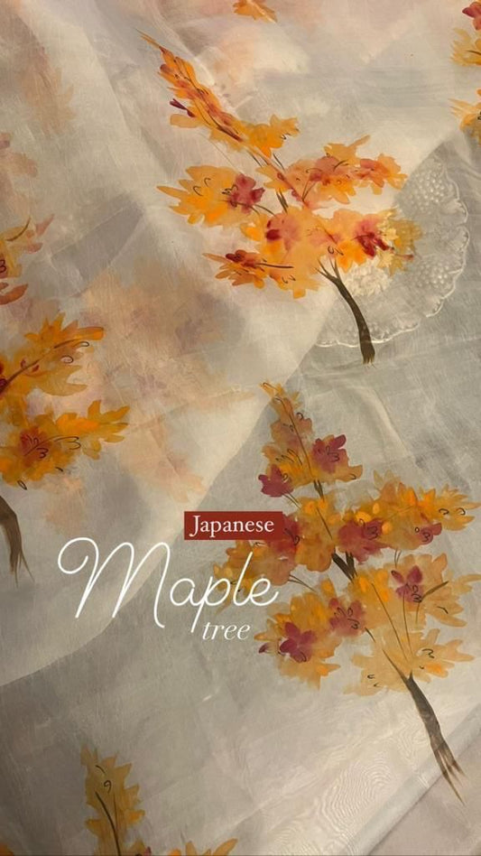 Maple Trees on Dull Ivory Saree