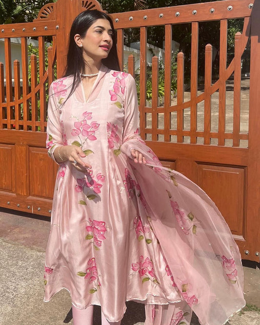 Cherry Red Bouganville's On Dull Rose Silk Kurta