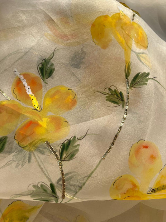 Hibiscus on Ivory organza saree