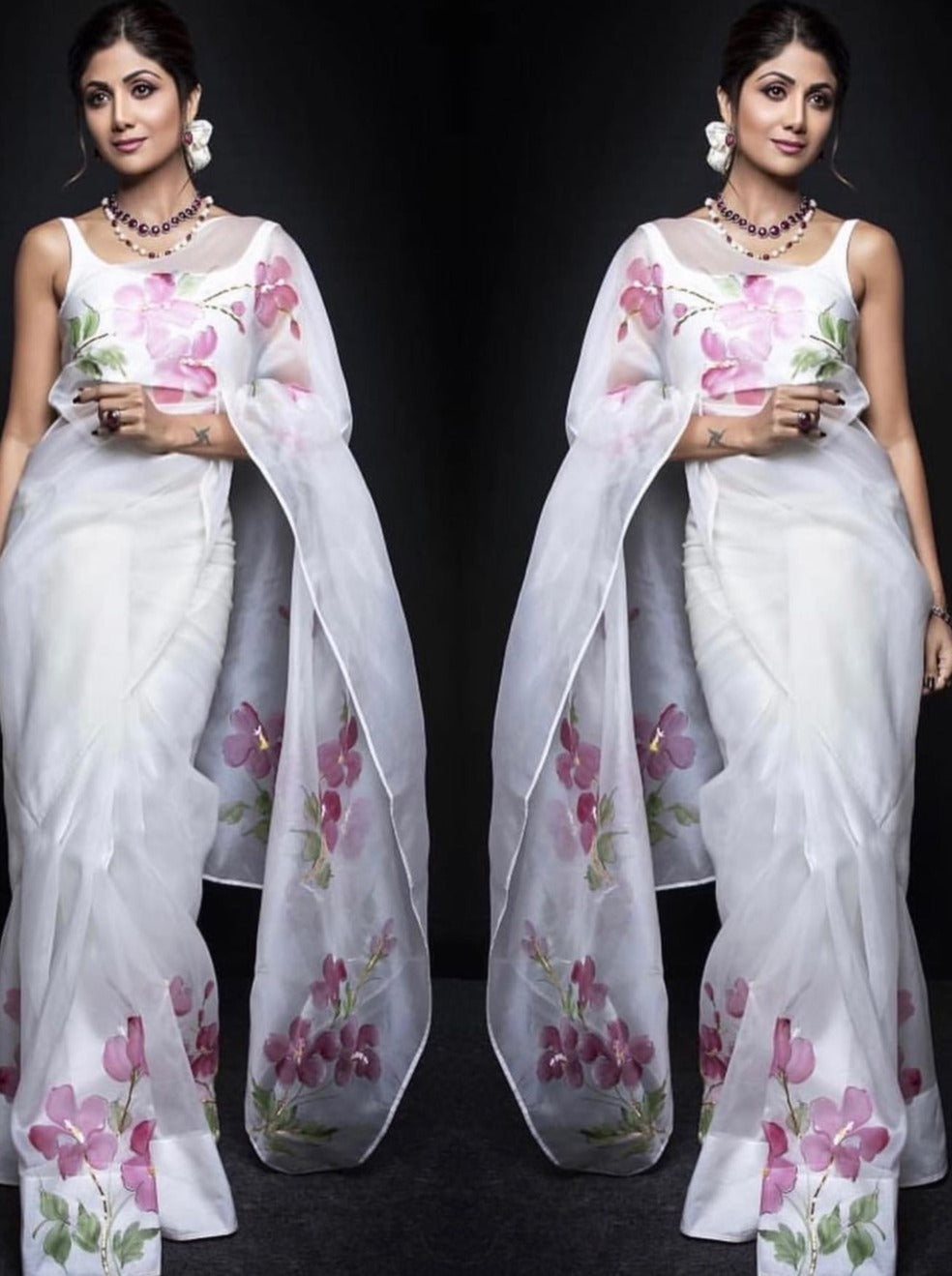 Hibiscus Roses on White Organza Saree