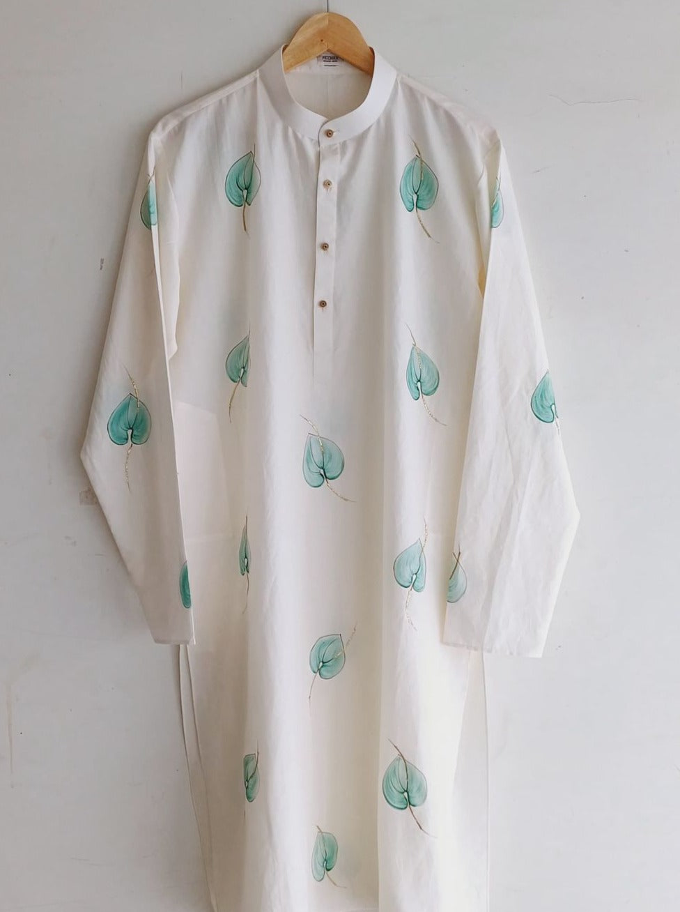Blue Flamingo Flowers on Ivory Mens Kurta