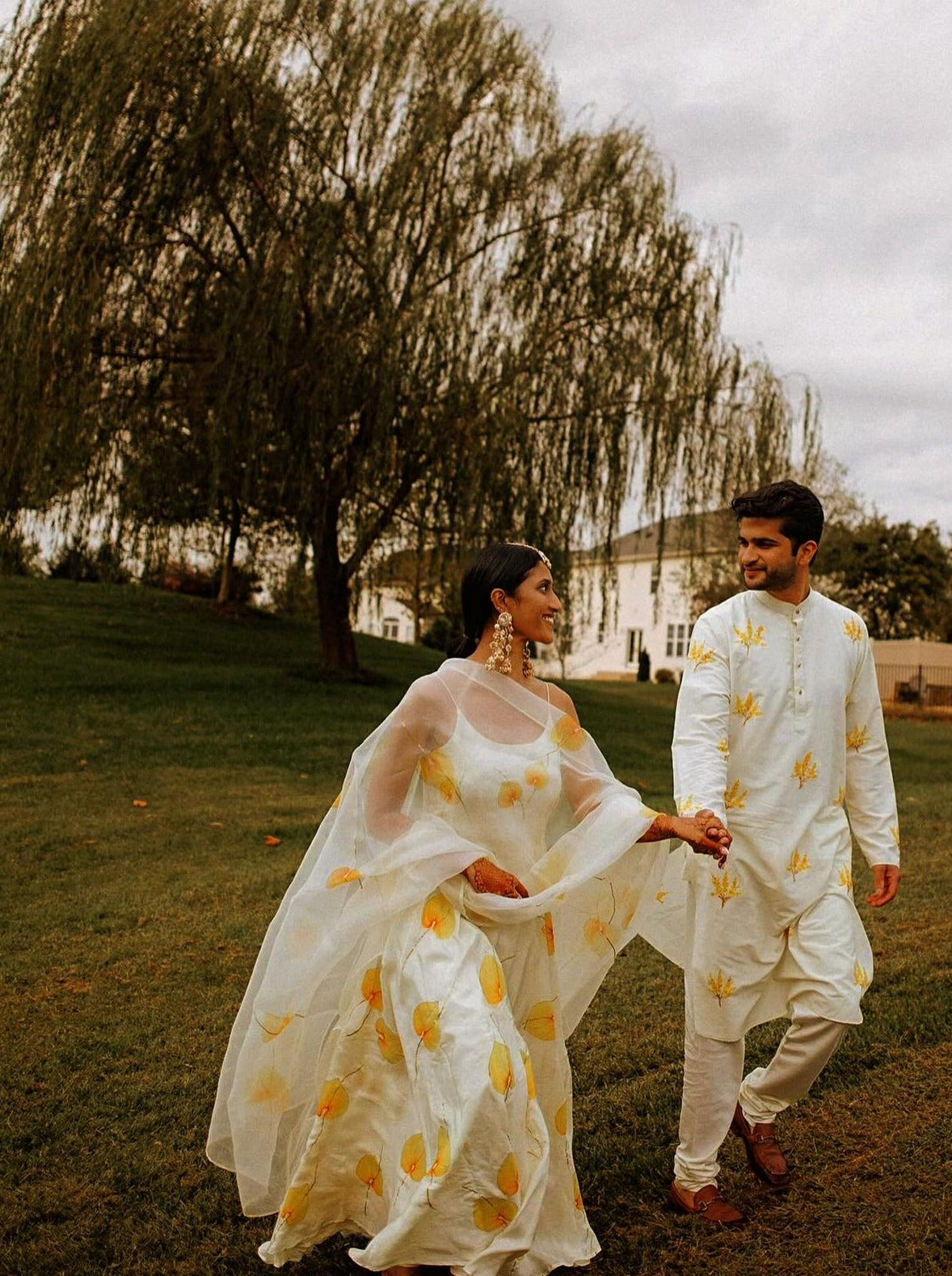 Yellow Anthuriums on Ivory Flaired Silk Kurta