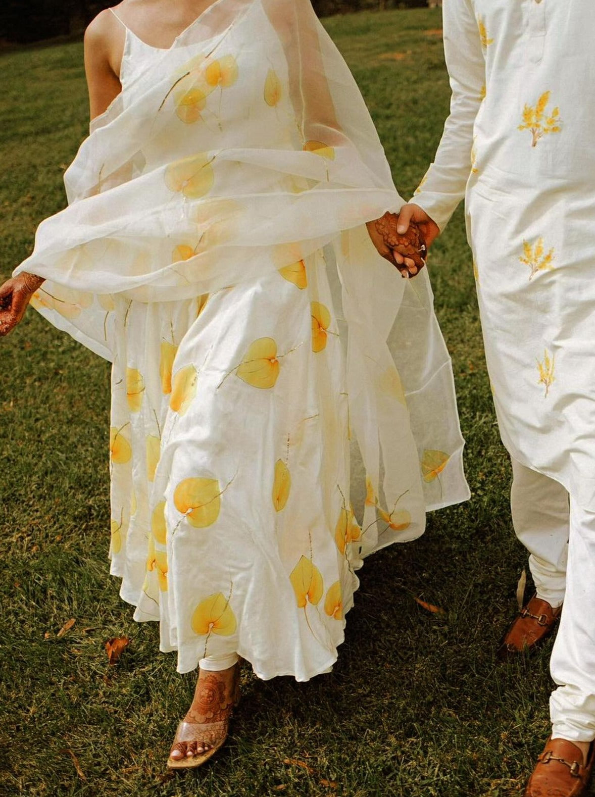 Yellow Anthuriums on Ivory Flaired Silk Kurta