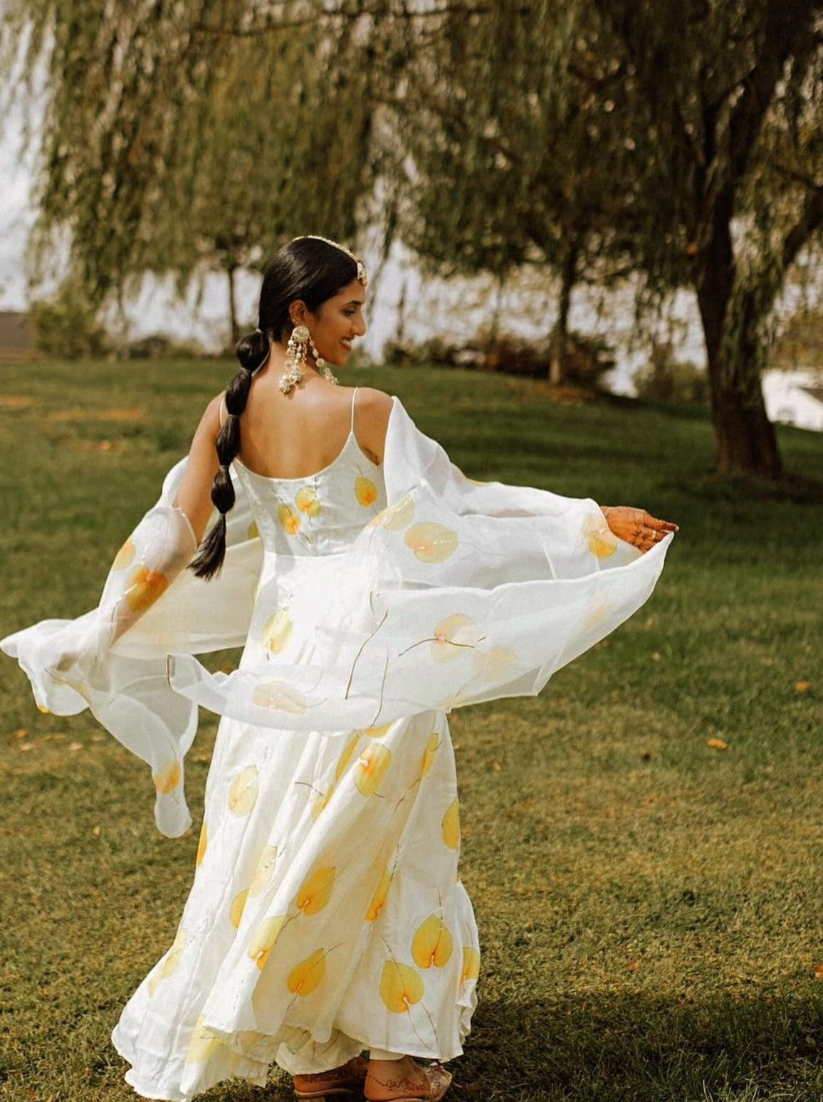 Yellow Anthuriums on Ivory Flaired Silk Kurta