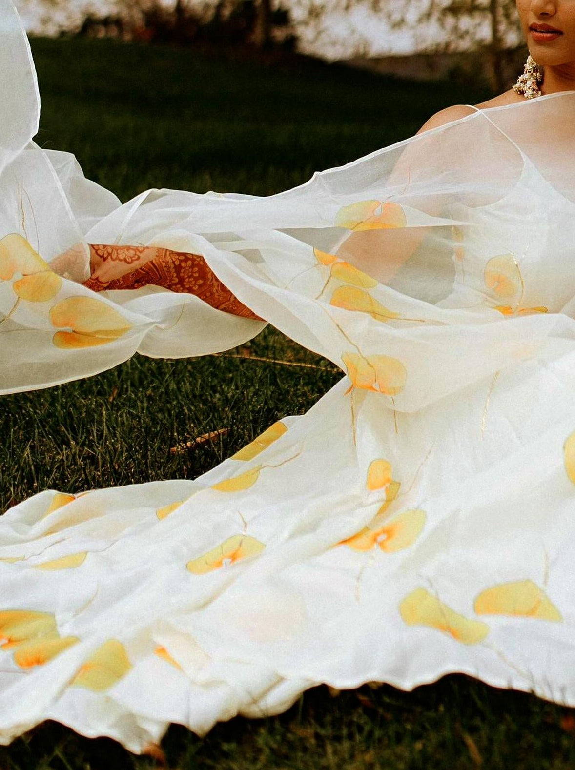 Yellow Anthuriums on Ivory Flaired Silk Kurta