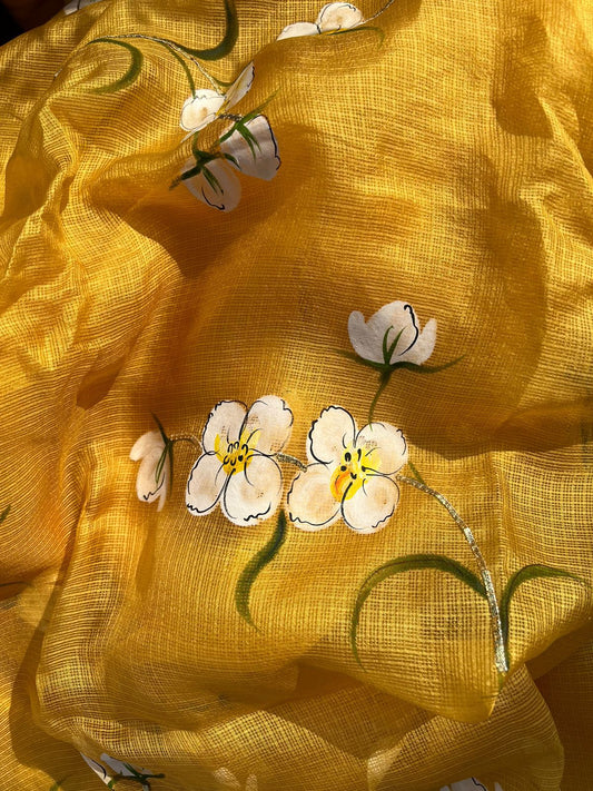 Plum Roses on Haldi Yellow Kota Silk Saree