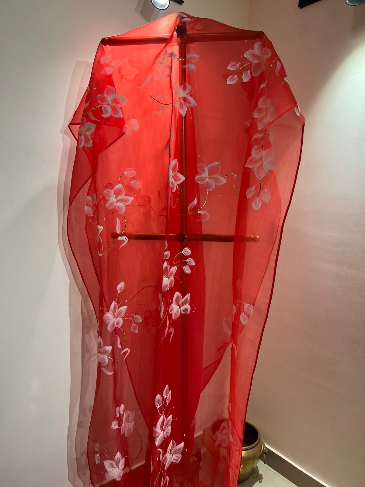 Lilies on red flat silk chiffon saree