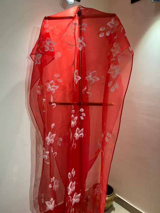 Lilies on red flat silk chiffon saree