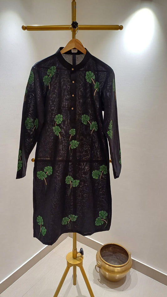 Monstera leaves on black linen Mens kurta