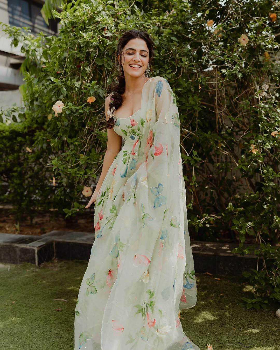 Angel’s Trumpets on pista flaired kurta & organza duppata with butterflies