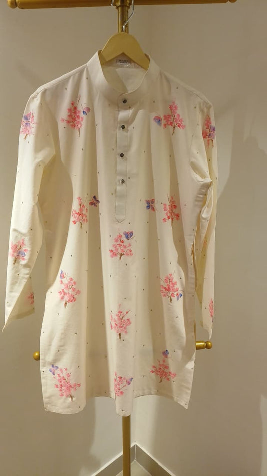 Cherry blossom with Iridescent Butterflies with Sitara’s on a dull ivory Mens kurta