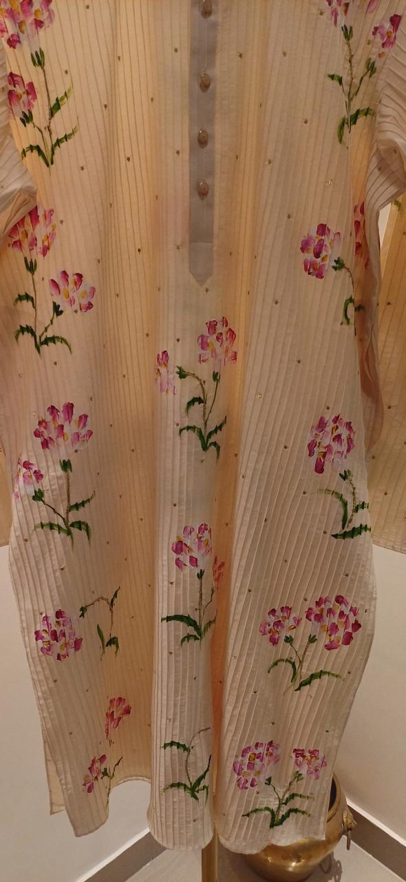 Carnations on dull ivory Mens kurta with Pin tucks & minimal Sitara’s