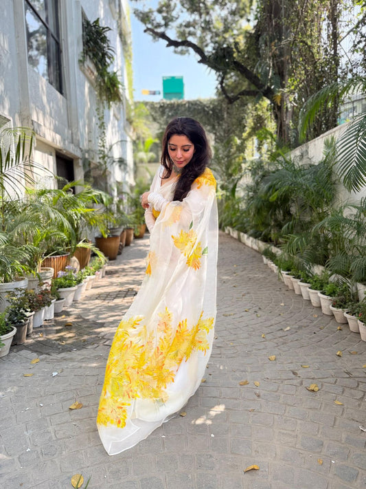 Yellow Muscari flowers on Ivory Organza Saree