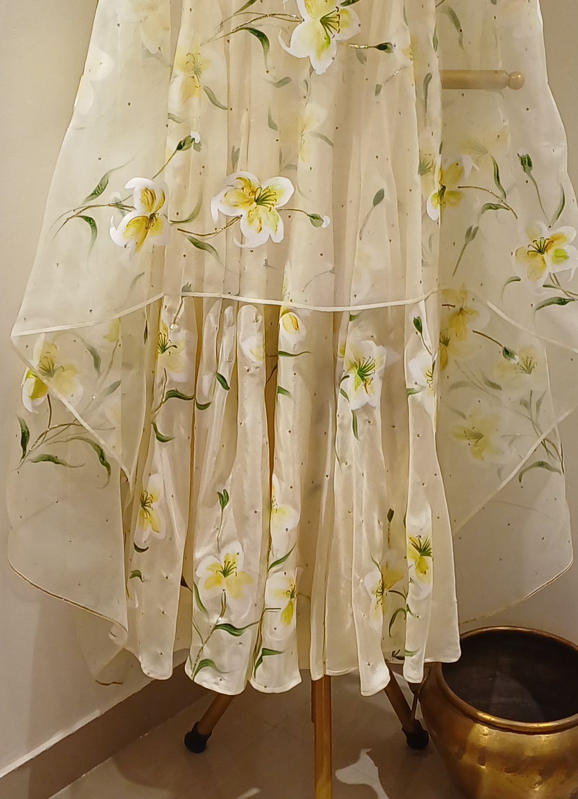 Lilies on butter yellow silk flaired kurta , duppata with sequins Sitara’s